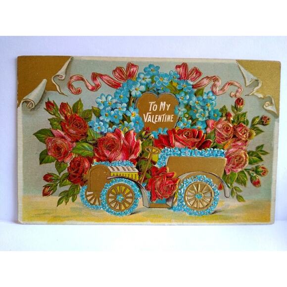 To My Valentine Postcard Automobile Car Jalopy With Flowers Roses Deep Embossed - Picture 2 of 3